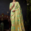 Exquisite Pista Green Organza Khadi Saree Weaving Zari Border for Women