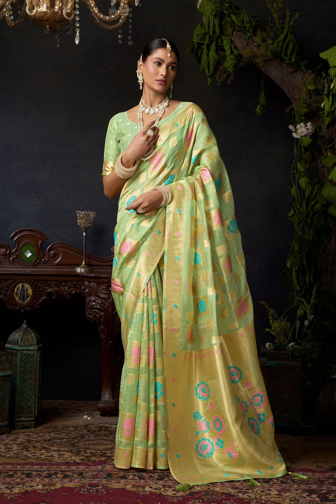 Exquisite Pista Green Organza Khadi Saree Weaving Zari Border for Women