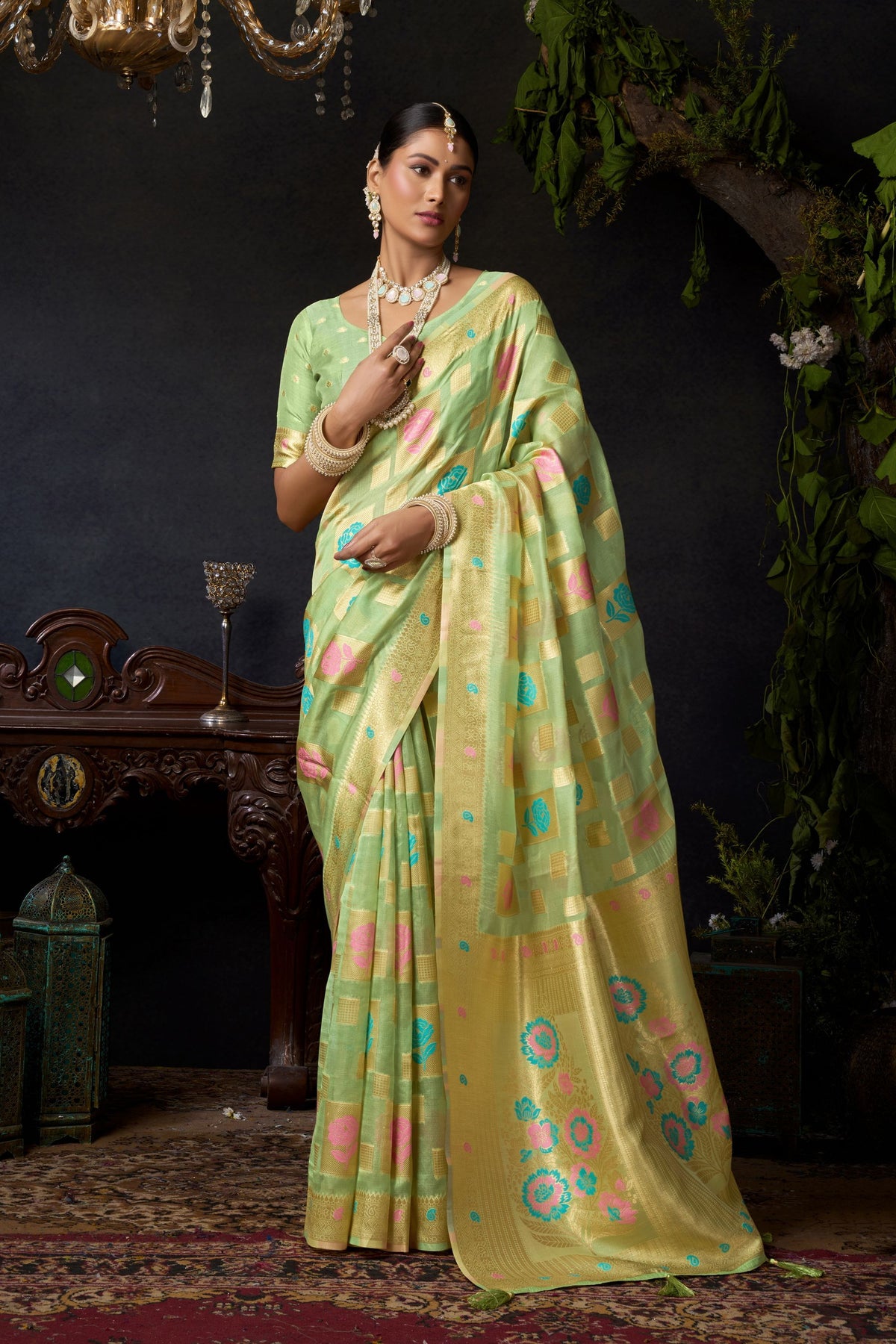 Exquisite Pista Green Organza Khadi Saree Weaving Zari Border for Women