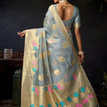 Sophisticated Grey Blue Organza Khadi Saree Weaving Zari Border for Women
