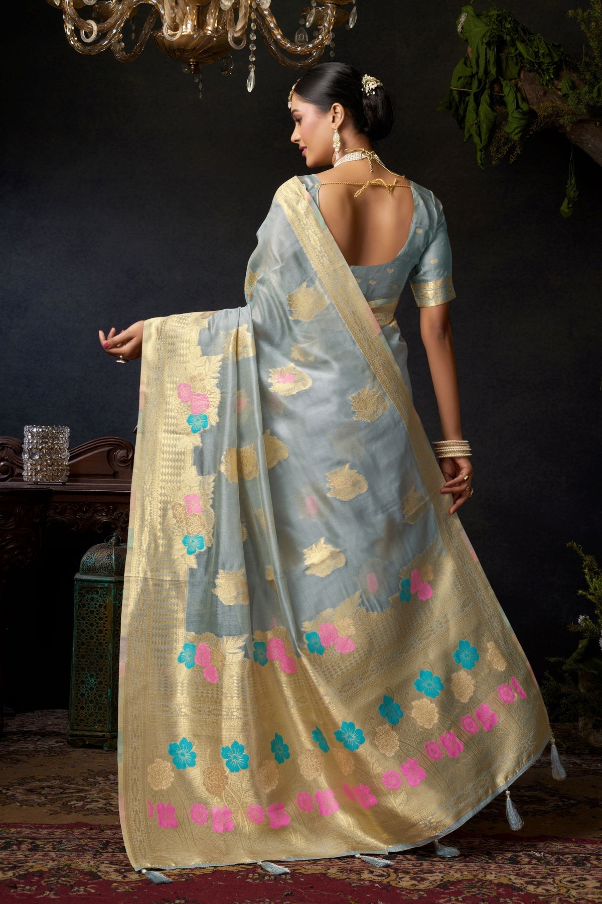 Sophisticated Grey Blue Organza Khadi Saree Weaving Zari Border for Women