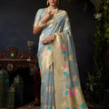 Sophisticated Grey Blue Organza Khadi Saree Weaving Zari Border for Women