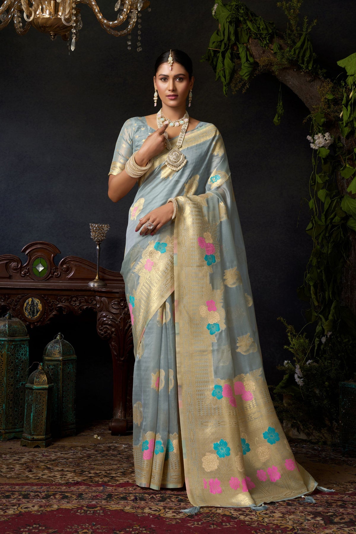 Sophisticated Grey Blue Organza Khadi Saree Weaving Zari Border for Women