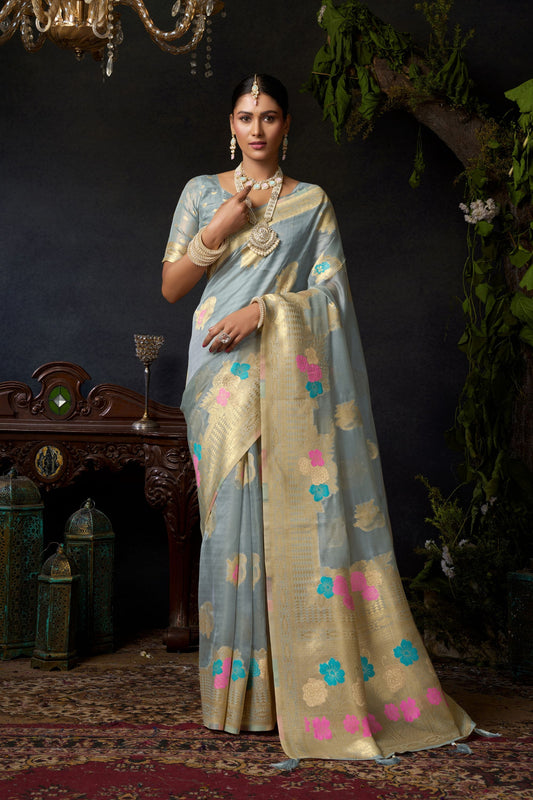 Sophisticated Grey Blue Organza Khadi Saree Weaving Zari Border for Women