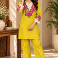 Vibrant Yellow Rayon Co-Ord Set for Women with Floral Embroidery and Thread Work