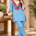 Charming Sky Blue Rayon Co-Ord Set for Women with Floral Embroidery and Thread Work