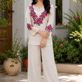 Elegant Cream Rayon Co-Ord Set for Women with Floral Embroidery and Thread Work