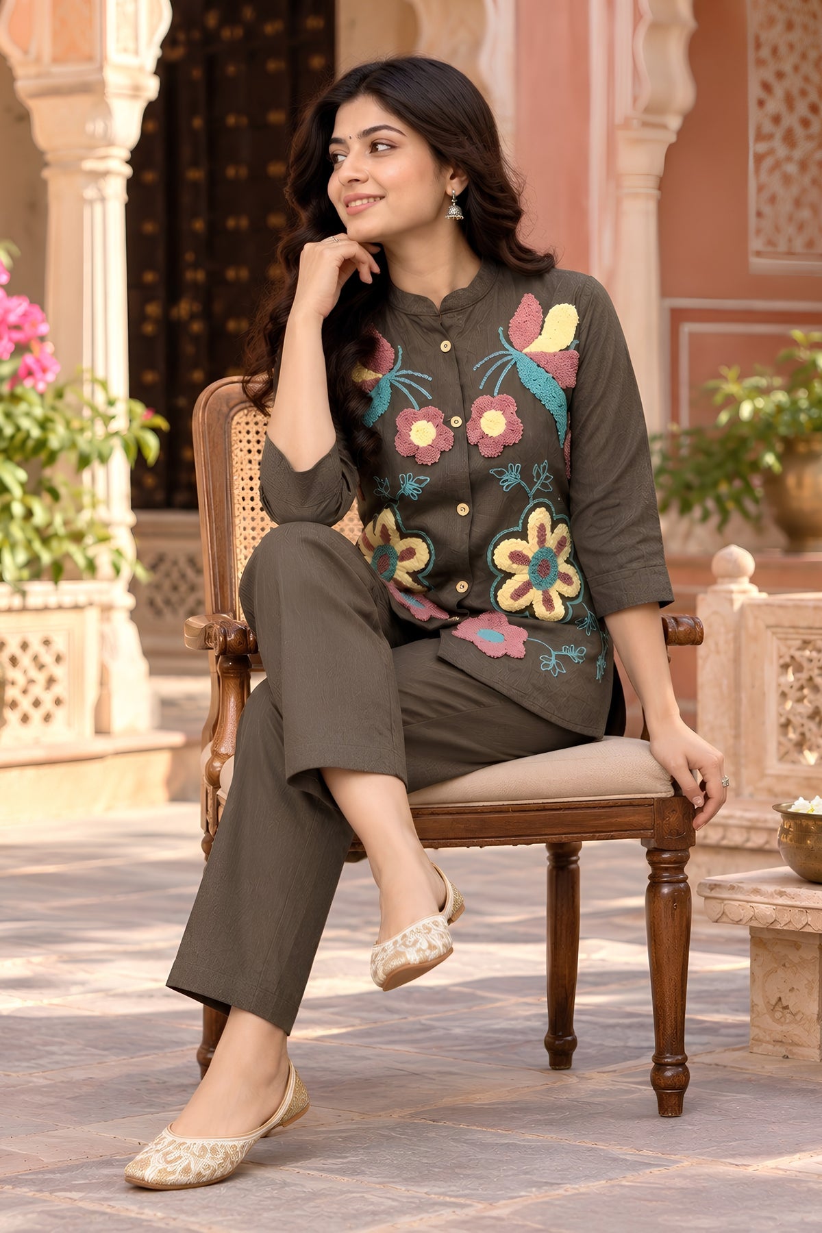 Stylish Brown Nylon Co-Ord Set for Women with Multicolor Floral Embroidery Work
