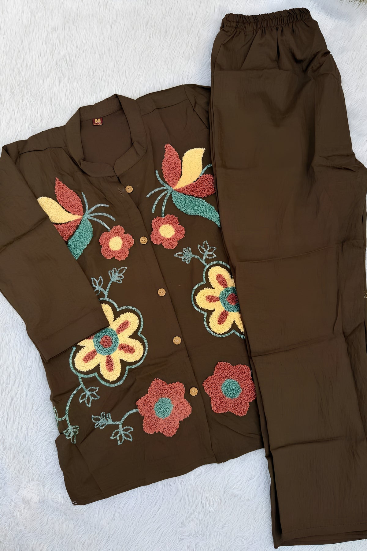 Stylish Brown Nylon Co-Ord Set for Women with Multicolor Floral Embroidery Work