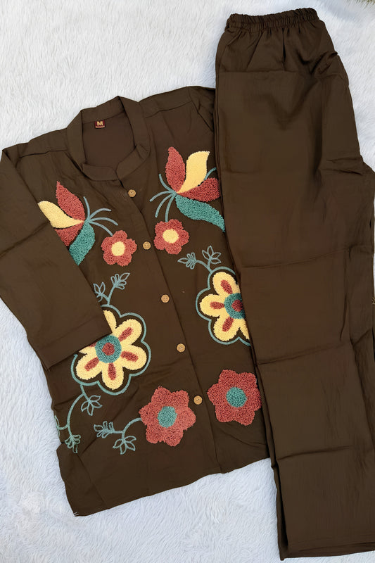 Stylish Brown Nylon Co-Ord Set for Women with Multicolor Floral Embroidery Work