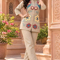 Elegant Beige Nylon Co-Ord Set for Women with Multicolor Floral Embroidery Work