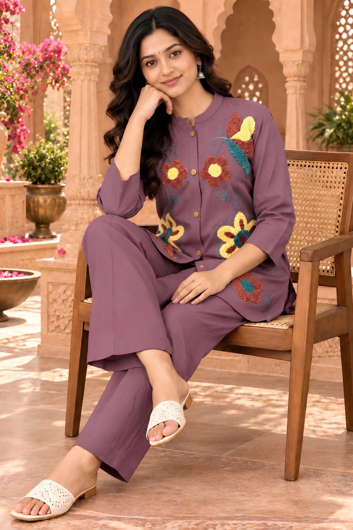 Stunning Mauve Purple Nylon Co-Ord Set for Women with Multicolor Floral Embroidery Work
