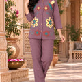 Stunning Mauve Purple Nylon Co-Ord Set for Women with Multicolor Floral Embroidery Work