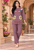 Stunning Mauve Purple Nylon Co-Ord Set for Women with Multicolor Floral Embroidery Work
