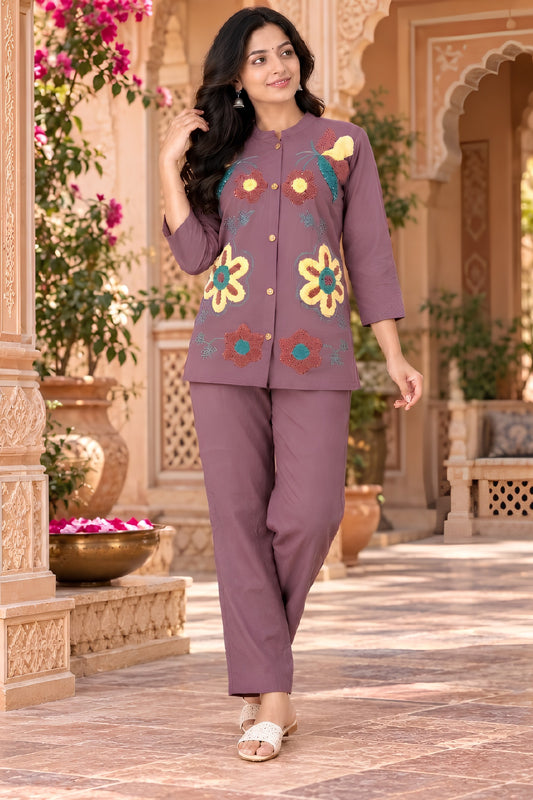 Stunning Mauve Purple Nylon Co-Ord Set for Women with Multicolor Floral Embroidery Work