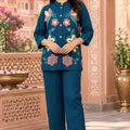 Captivating Teal Blue Nylon Co-Ord Set for Women with Multicolor Floral Embroidery Work
