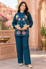 Captivating Teal Blue Nylon Co-Ord Set for Women with Multicolor Floral Embroidery Work