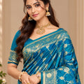 Captivating Teal Blue Satin Silk Saree with Golden Weaving and Zalar Work for Women