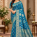 Captivating Teal Blue Satin Silk Saree with Golden Weaving and Zalar Work for Women