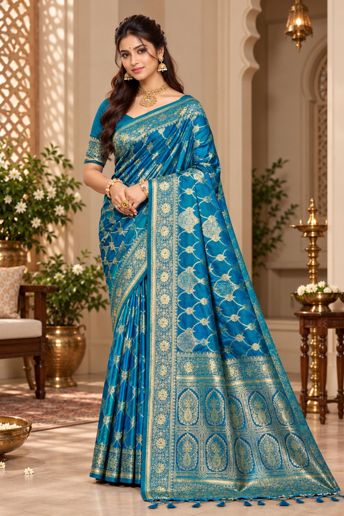 Captivating Teal Blue Satin Silk Saree with Golden Weaving and Zalar Work for Women