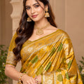 Luxurious Mustard Yellow Satin Silk Saree with Golden Weaving and Zalar Work for Women