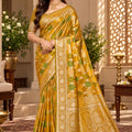 Luxurious Mustard Yellow Satin Silk Saree with Golden Weaving and Zalar Work for Women