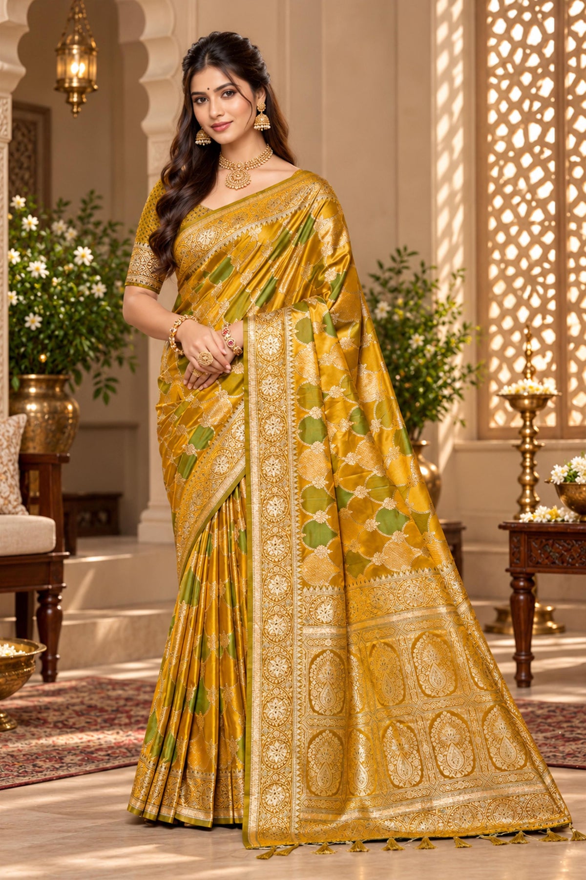 Luxurious Mustard Yellow Satin Silk Saree with Golden Weaving and Zalar Work for Women