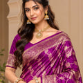 Exquisite Purple Satin Silk Saree with Golden Weaving and Zalar Work for Women