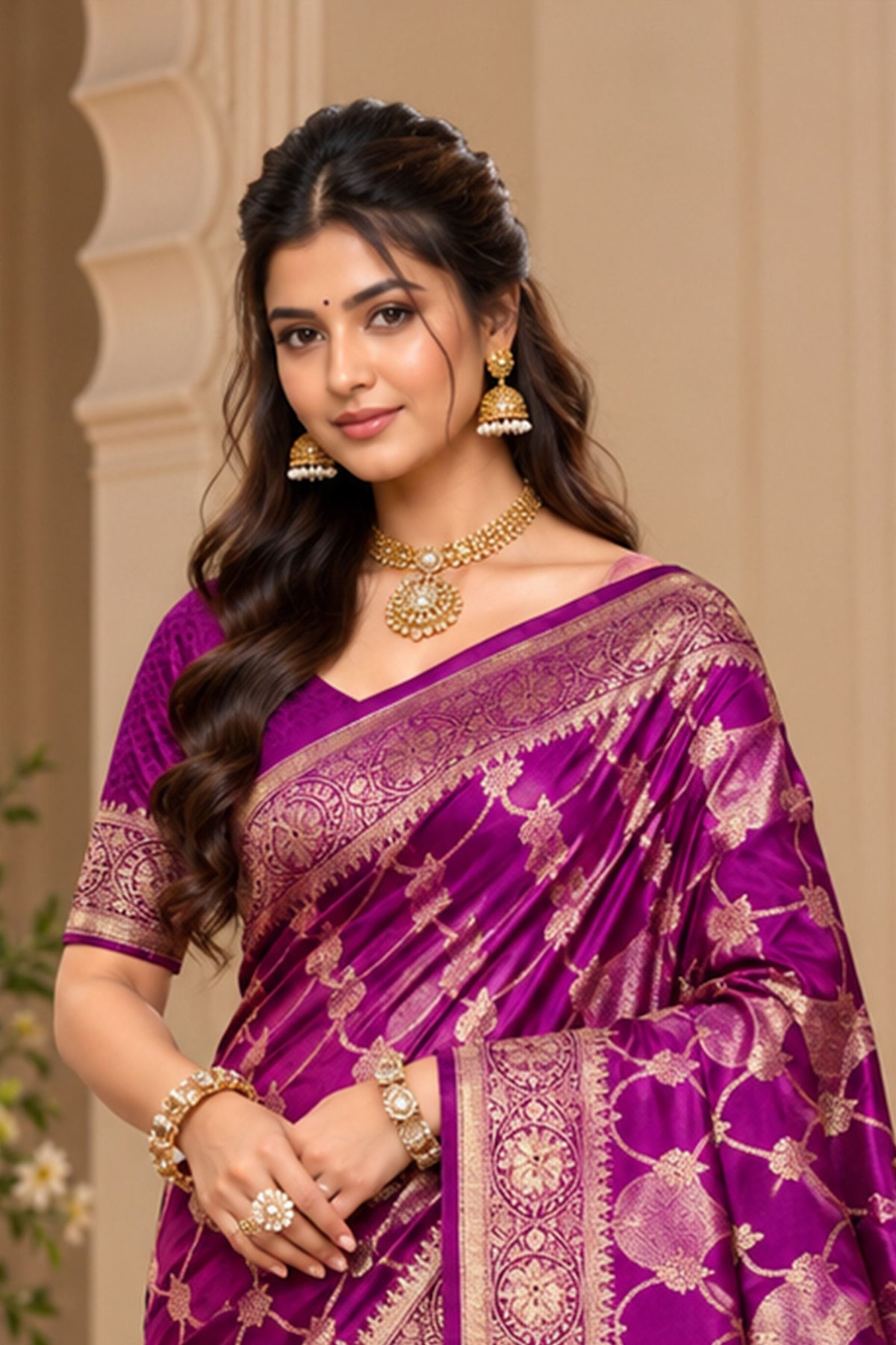 Exquisite Purple Satin Silk Saree with Golden Weaving and Zalar Work for Women