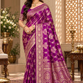 Exquisite Purple Satin Silk Saree with Golden Weaving and Zalar Work for Women