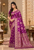 Exquisite Purple Satin Silk Saree with Golden Weaving and Zalar Work for Women
