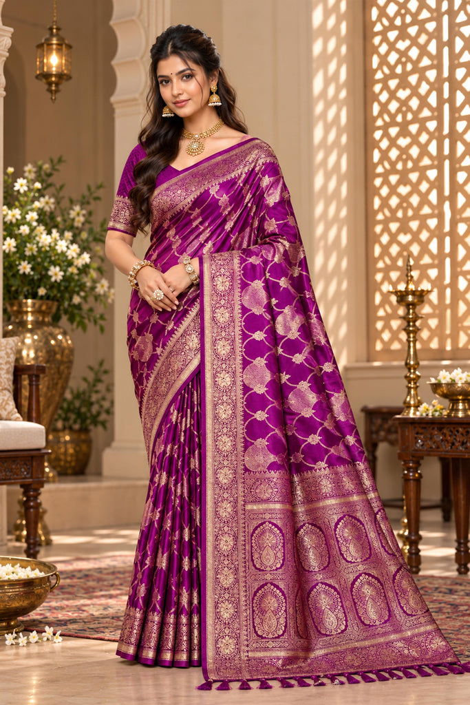 Exquisite Purple Satin Silk Saree with Golden Weaving and Zalar Work for Women