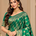Opulent Bottle Green Satin Silk Saree with Golden Weaving and Zalar Work for Women