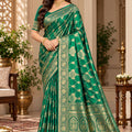 Opulent Bottle Green Satin Silk Saree with Golden Weaving and Zalar Work for Women