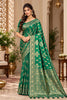 Opulent Bottle Green Satin Silk Saree with Golden Weaving and Zalar Work for Women
