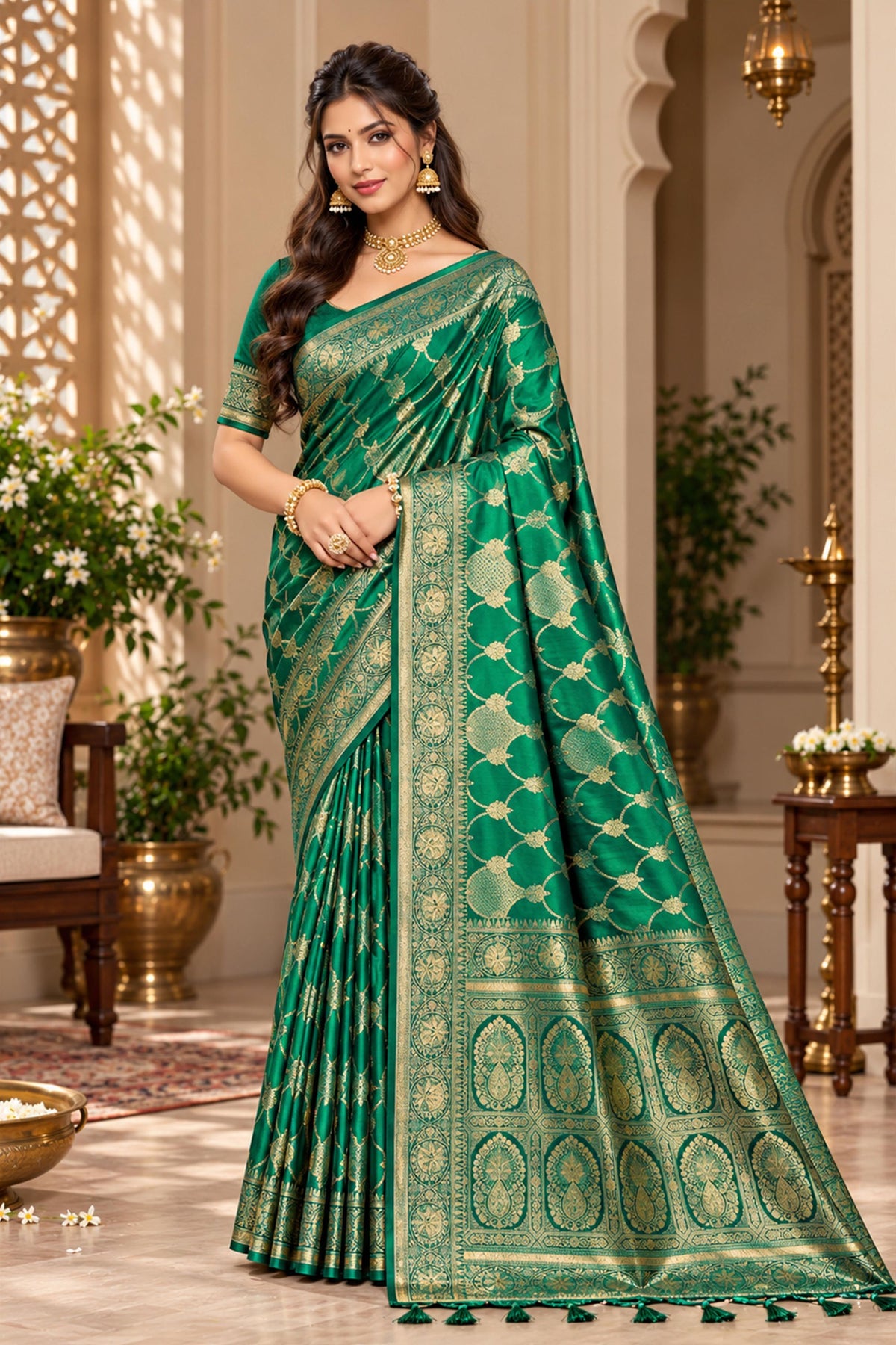 Opulent Bottle Green Satin Silk Saree with Golden Weaving and Zalar Work for Women