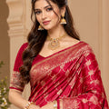 Stylish Red Satin Silk Saree with Golden Weaving and Zalar Work for Women