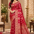 Stylish Red Satin Silk Saree with Golden Weaving and Zalar Work for Women
