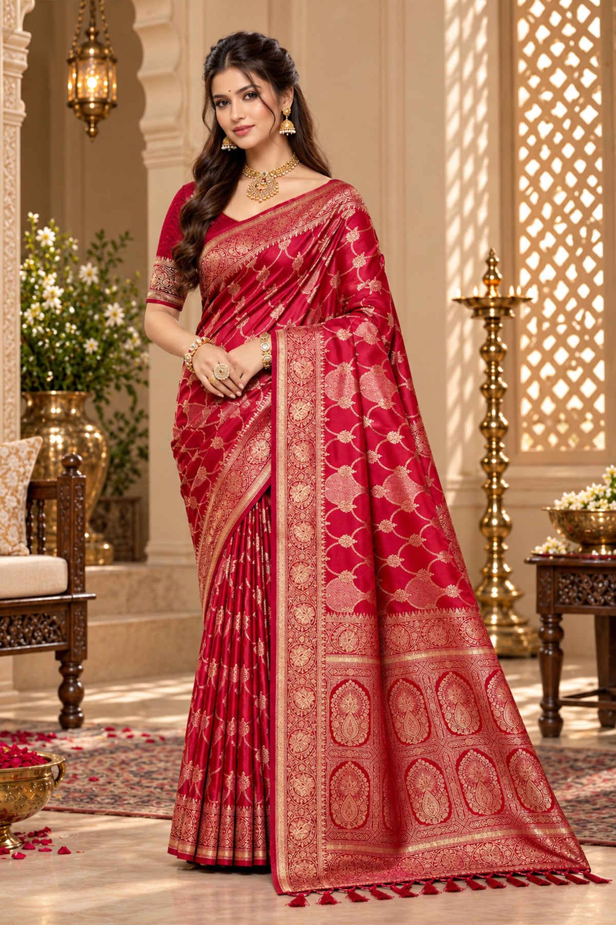 Stylish Red Satin Silk Saree with Golden Weaving and Zalar Work for Women