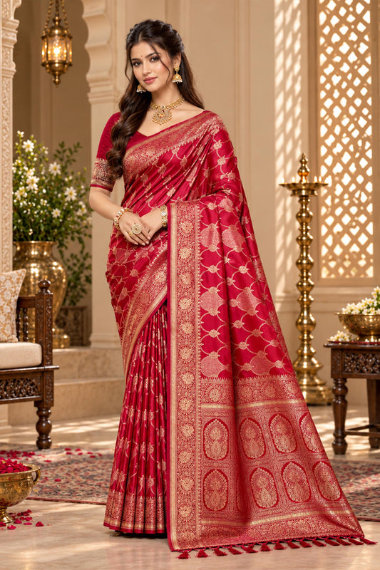 Stylish Red Satin Silk Saree with Golden Weaving and Zalar Work for Women