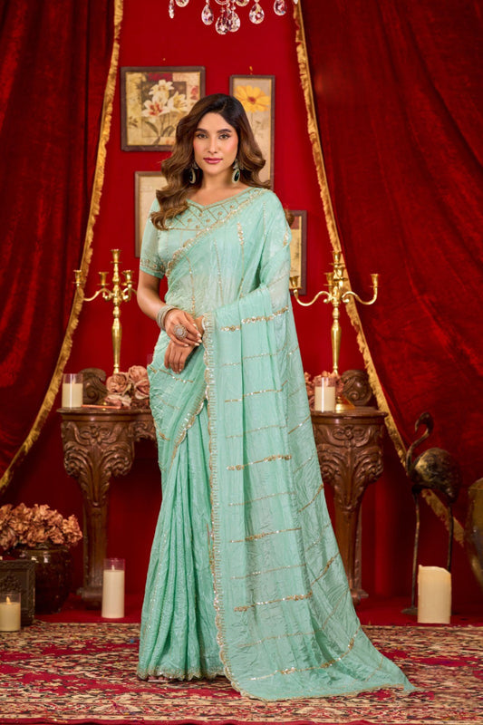 Elegant Sea Green Prada Silk Saree with Heavy Beads Work for Women