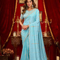Stylish Sky Blue Prada Silk Saree with Heavy Beads Work for Women