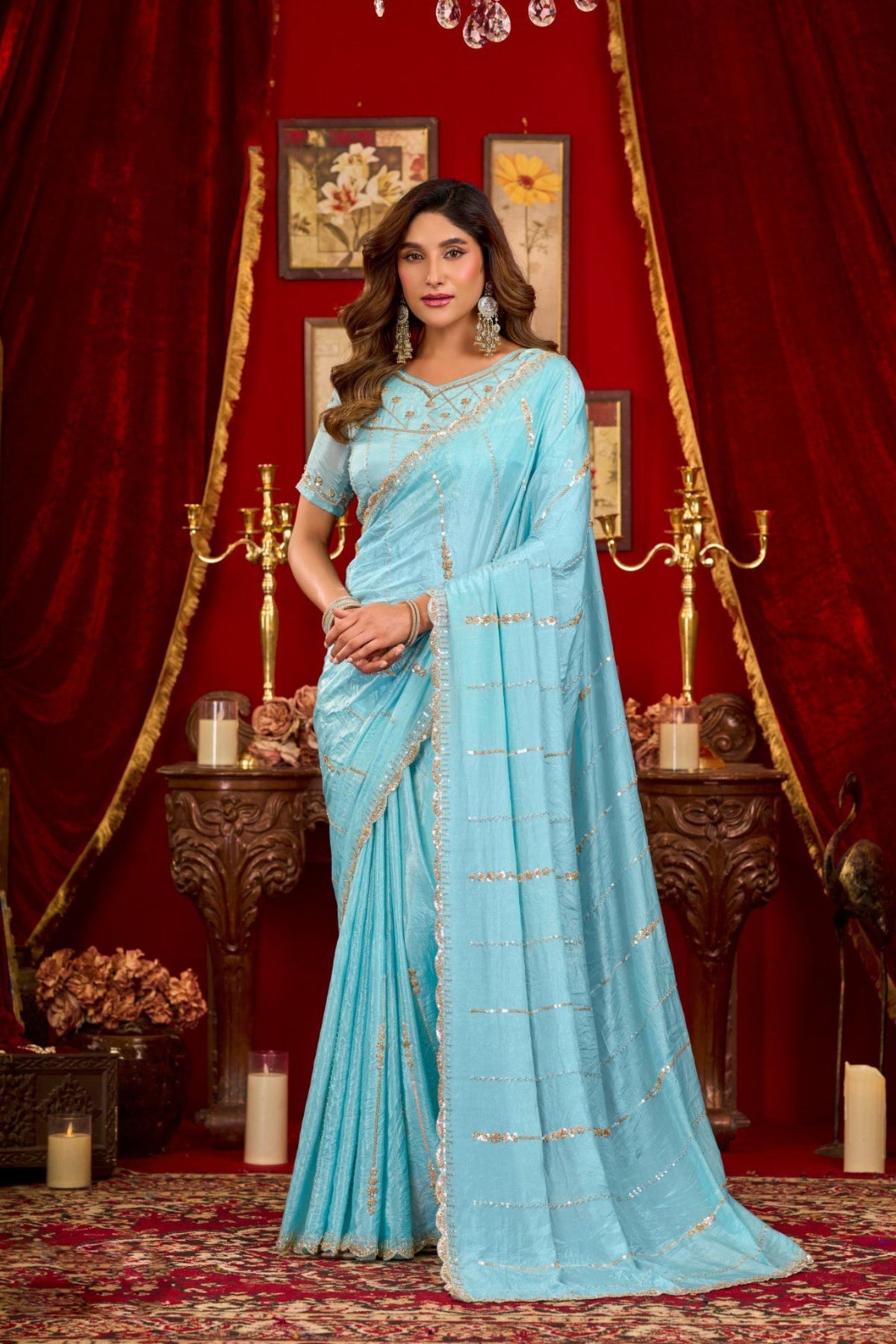 Stylish Sky Blue Prada Silk Saree with Heavy Beads Work for Women