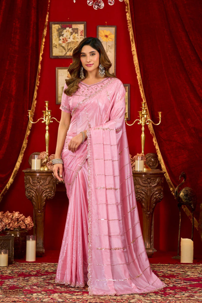 Graceful Baby Pink Prada Silk Saree with Heavy Beads Work for Women