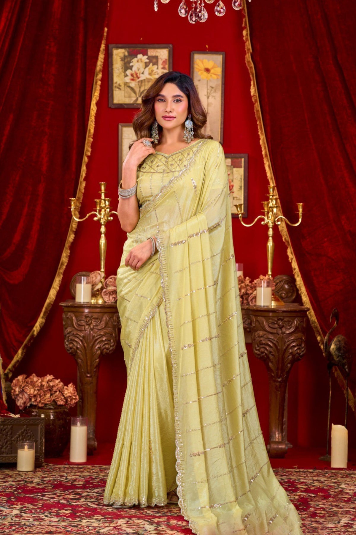 Premium Yellow Prada Silk Saree with Heavy Beads Work for Women