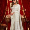 Lovely White Prada Silk Saree with Heavy Beads Work for Women