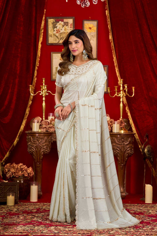 Lovely White Prada Silk Saree with Heavy Beads Work for Women
