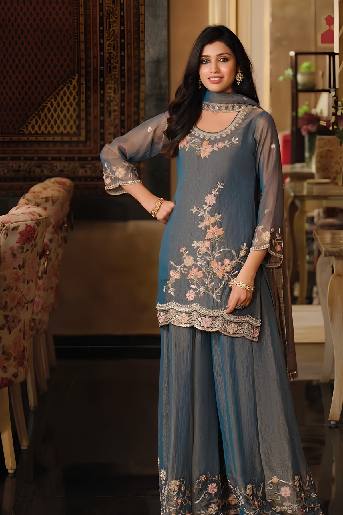 Elegant Grey Designer Palazzo Suit with Embroidered Beads Work and Dupatta for Women