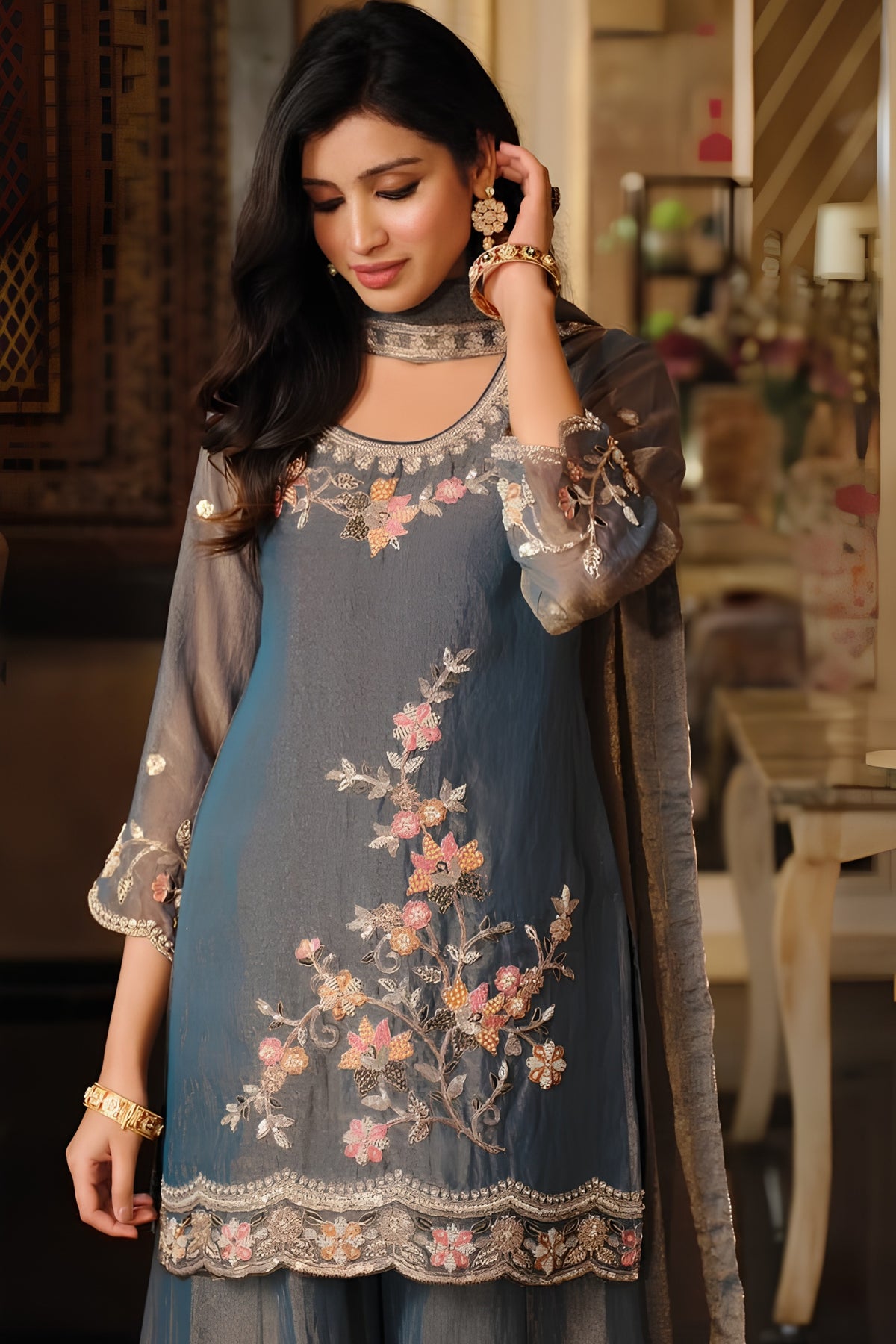 Elegant Grey Designer Palazzo Suit with Embroidered Beads Work and Dupatta for Women