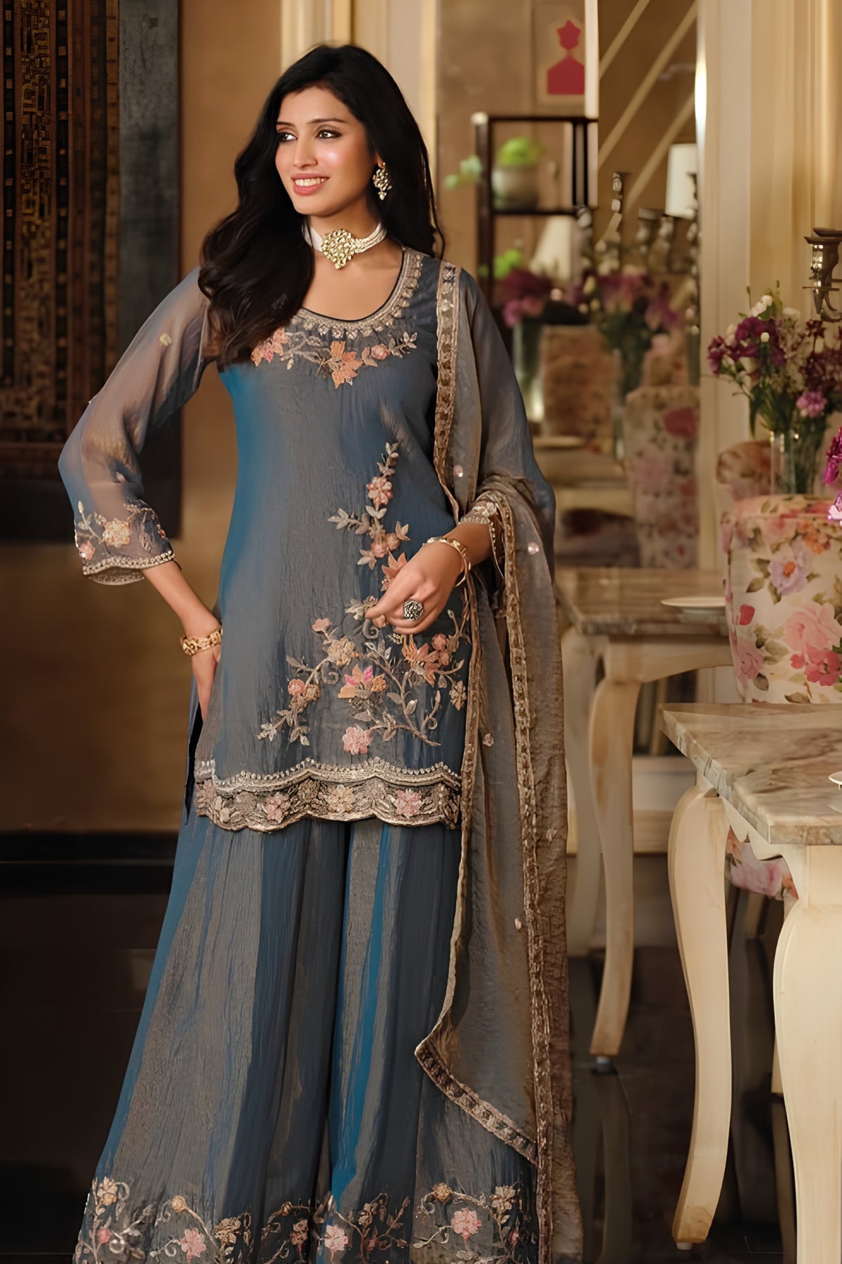 Elegant Grey Designer Palazzo Suit with Embroidered Beads Work and Dupatta for Women